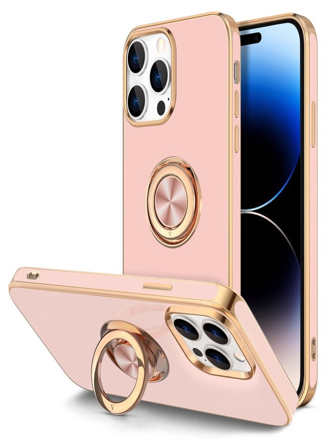 Hython for iPhone 14 Pro Max Case with Ring Stand [360° Rotatable Ring Holder Magnetic Kickstand] [Support Car Mount] Plated Gold Edge Slim Soft TPU Luxury Protective Phone Case Cover, Pink - Image 1